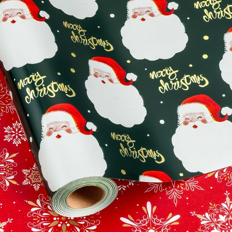 MAYPLUSS Christmas Wrapping Paper Roll - 17IN X 33FT - Green Gift Wrap Paper Featuring Santa Claus Gold Merry Christmas Reversible Snowflake for Kids, Holiday, New Year - Image 1